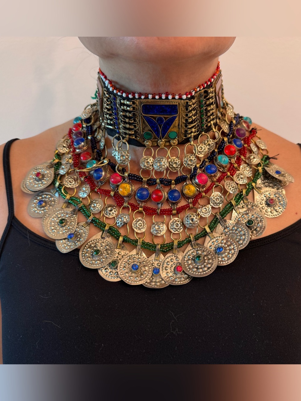 Handmade Tribal Coin Choker Necklace, Earrings, Headpiece Set - Multicolor
